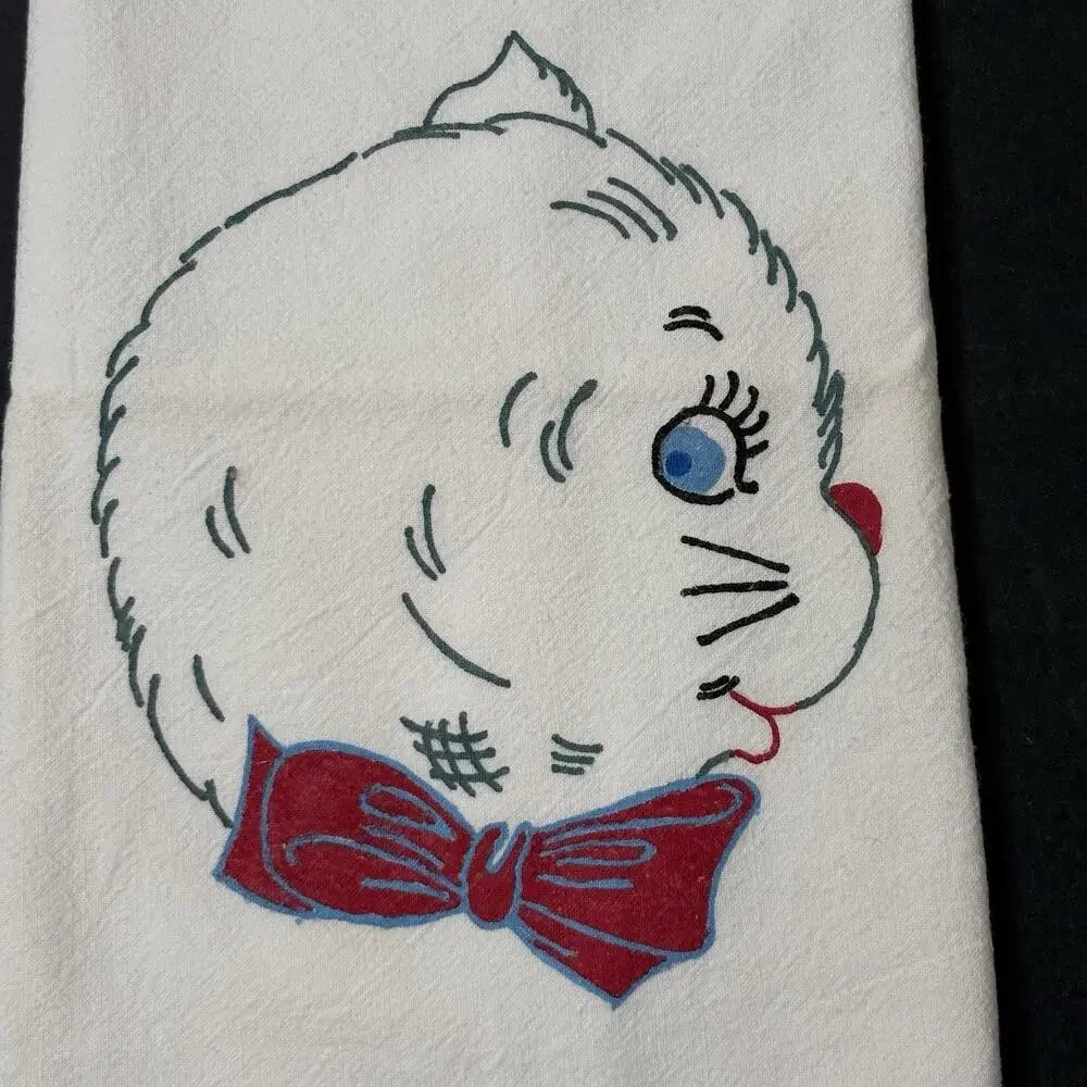 Vintage Hand Painted Cat Tea Towel Red Bow Kitchen Linen 16